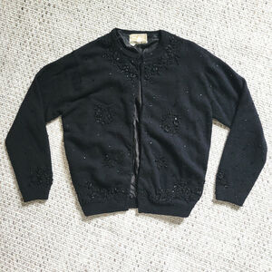 Vintage Womens 38 Lambswool Angora Cardigan Sweater Black Beaded Sequins